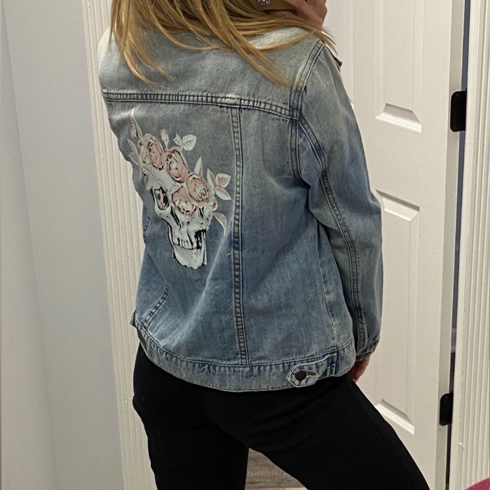 Designer Inspired floral Skull Distressed Denim Jean Jacket